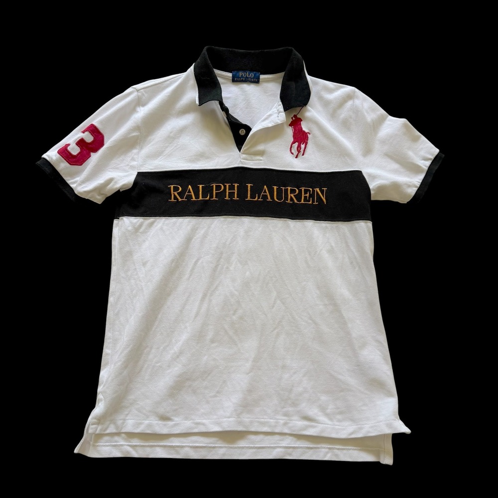 Polo Ralph Lauren Kids Big Pony White Black Stripe Polo Shirt Size L 14-16